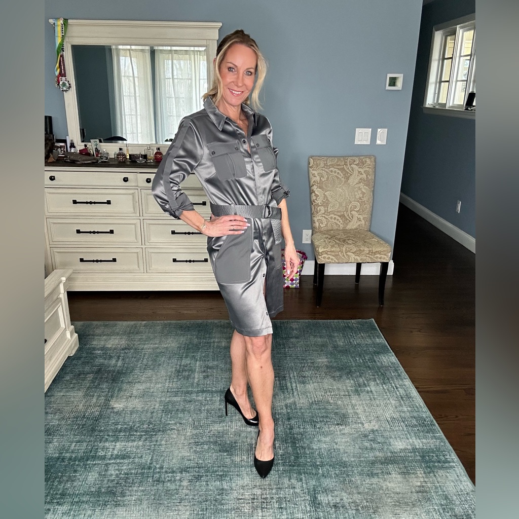 White House Black Market Silk Gunmetal Shirt Dress